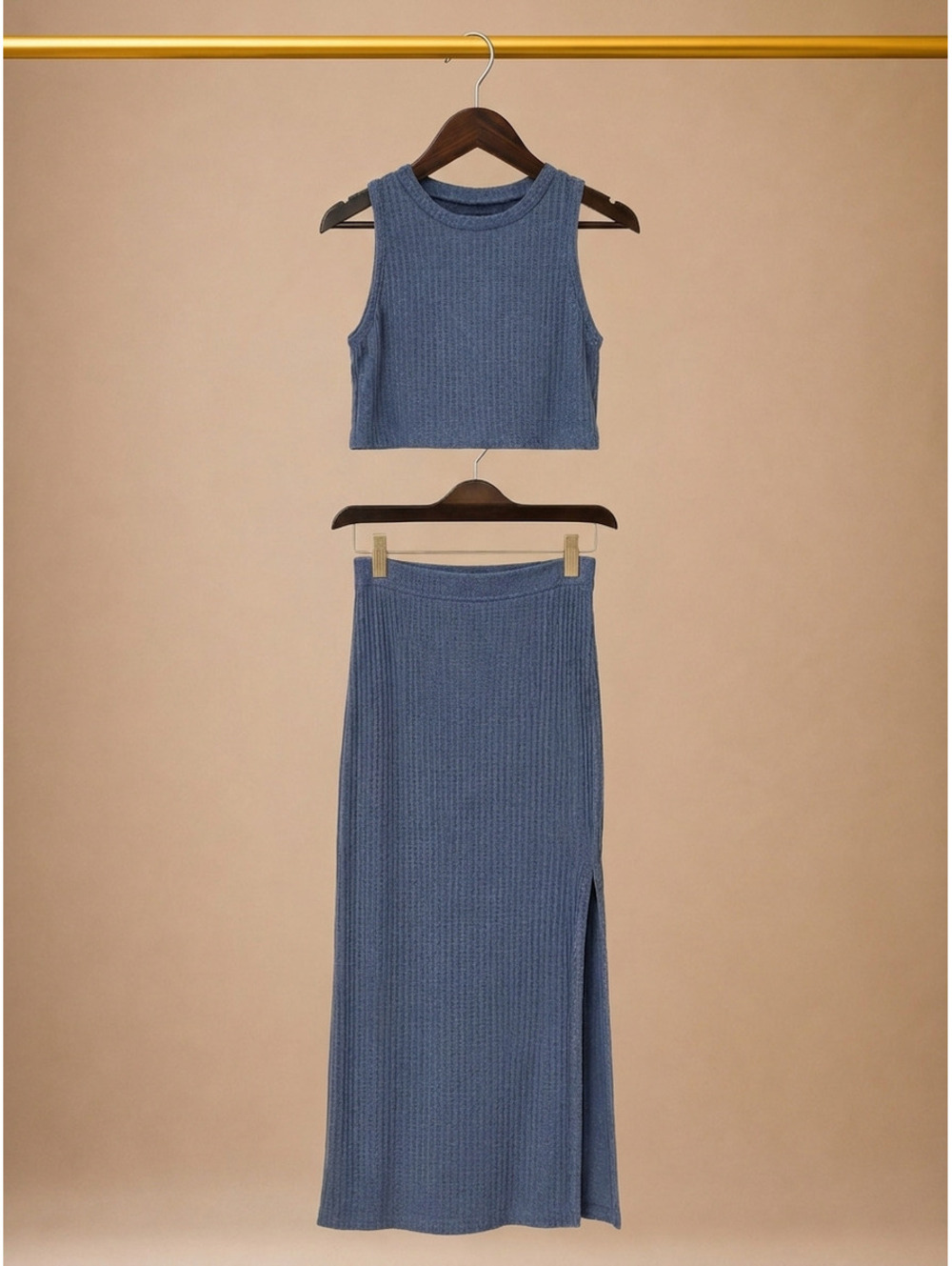 SHEIN Waffle Knit Crop Top and Side Slit Maxi Skirt 2 Piece Set -Medium